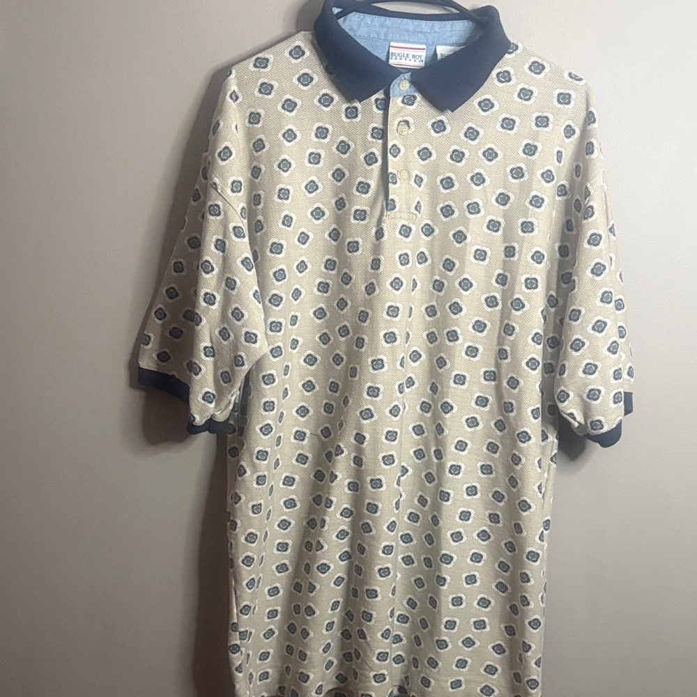 Bugle Boy Classics  Beige Patterned Polo Shirt with Navy Trim XL